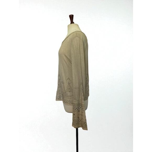 Women's Free People Split Back Linen Blend Beige Top Shirt Blouse Size Medium - Picture 2 of 11